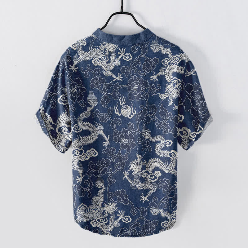 Buddha Stones Cotton Dragon Lotus Pattern Men's Short Sleeve Half Button Shirt - image 1