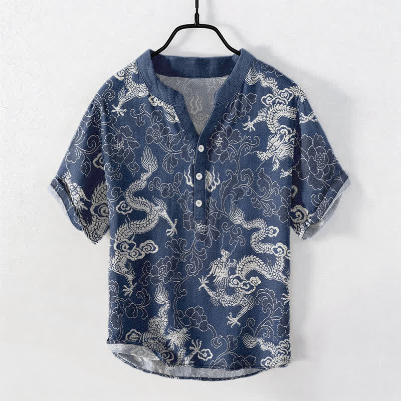 Buddha Stones Cotton Dragon Lotus Pattern Men's Short Sleeve Half Button Shirt - image 0