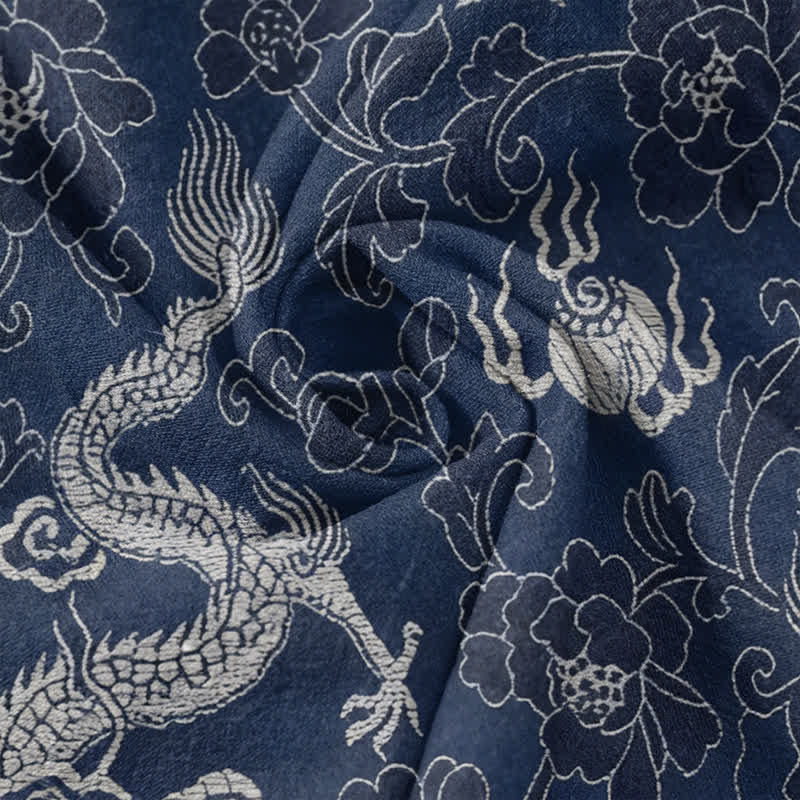 Buddha Stones Cotton Dragon Lotus Pattern Men's Short Sleeve Half Button Shirt - image 4
