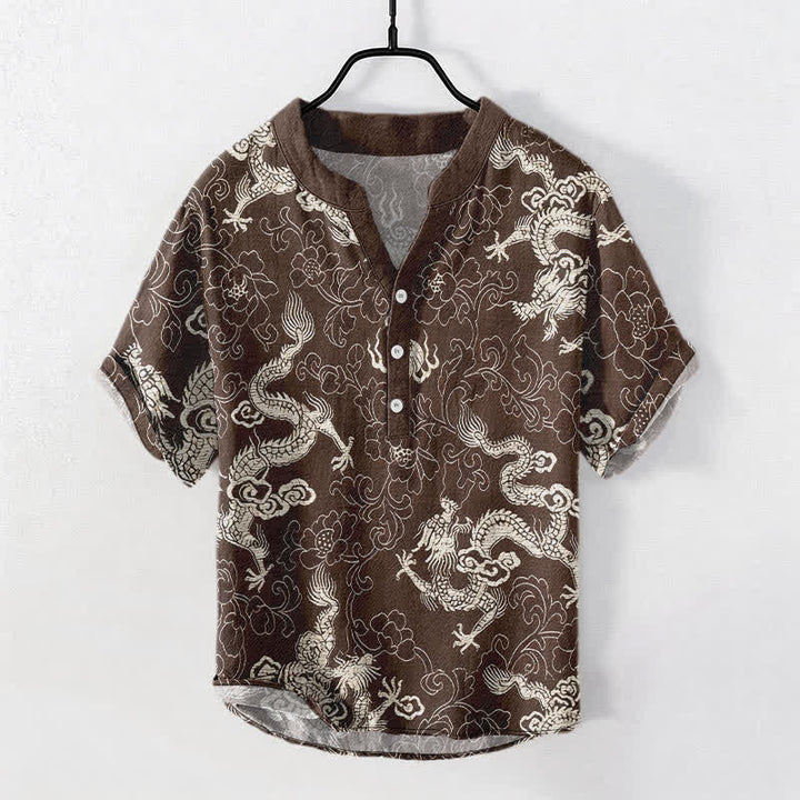 Buddha Stones Cotton Dragon Lotus Pattern Men's Short Sleeve Half Button Shirt - SaddleBrown - US/UK/AU50，EU60 (5XL) - image 5