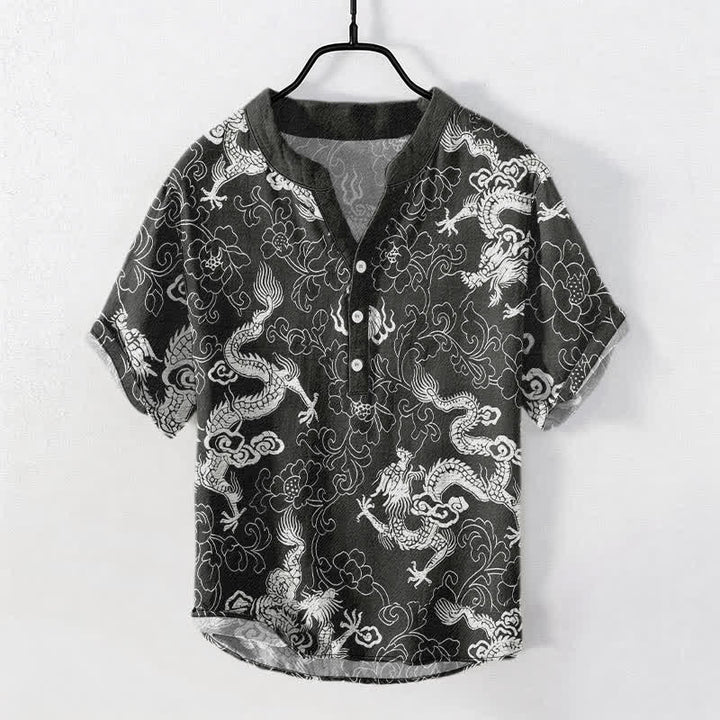 Buddha Stones Cotton Dragon Lotus Pattern Men's Short Sleeve Half Button Shirt - Black - US/UK/AU50，EU60 (5XL) - image 7