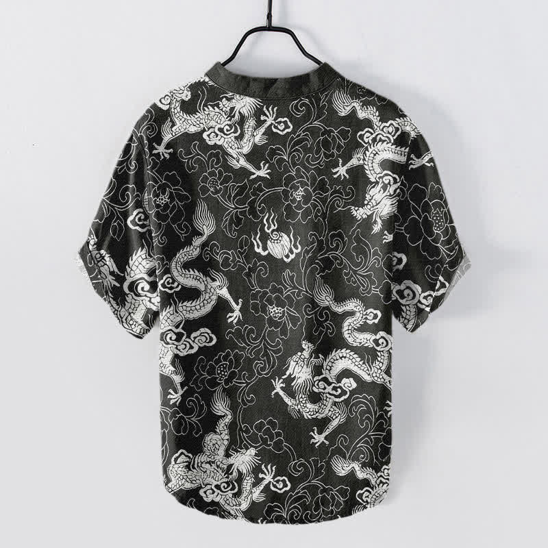 Buddha Stones Cotton Dragon Lotus Pattern Men's Short Sleeve Half Button Shirt - image 8