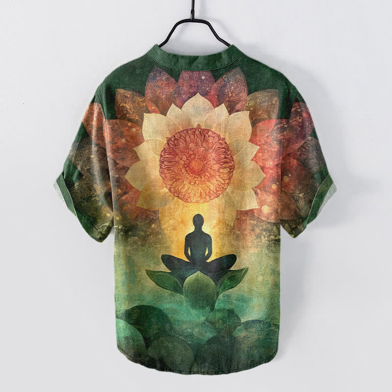 Buddha Stones Cotton Lotus Meditating Figure Pattern Men's Short Sleeve Half Button Shirt - image 1