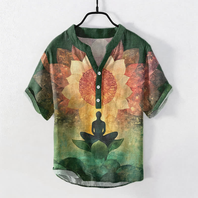 Buddha Stones Cotton Lotus Meditating Figure Pattern Men's Short Sleeve Half Button Shirt - SeaGreen - US/UK/AU50，EU60 (5XL) - image 0