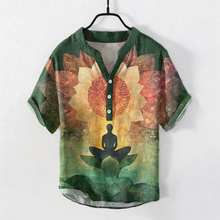 Buddha Stones Cotton Lotus Meditating Figure Pattern Men's Short Sleeve Half Button Shirt - SeaGreen - US/UK/AU50，EU60 (5XL) - image 0