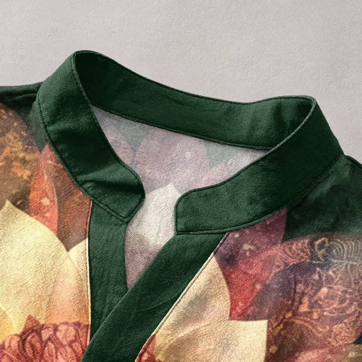 Buddha Stones Cotton Lotus Meditating Figure Pattern Men's Short Sleeve Half Button Shirt - image 2