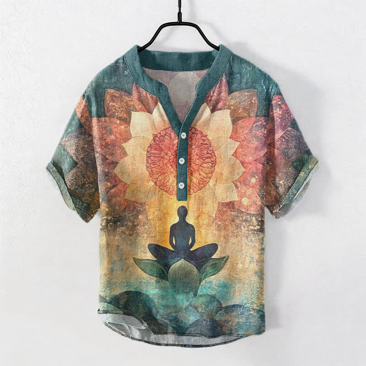 Buddha Stones Cotton Lotus Meditating Figure Pattern Men's Short Sleeve Half Button Shirt - LightSeaGreen - US/UK/AU50，EU60 (5XL) - image 7