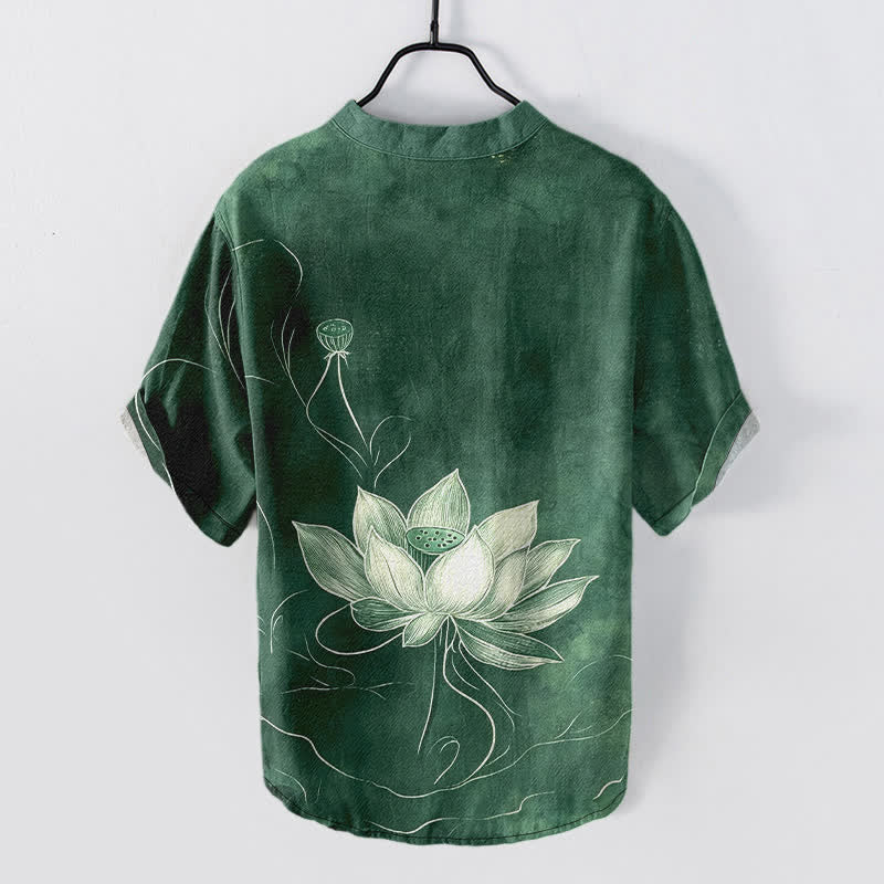 Buddha Stones Cotton Lotus Pattern Men's Short Sleeve Half Button Shirt - image 1
