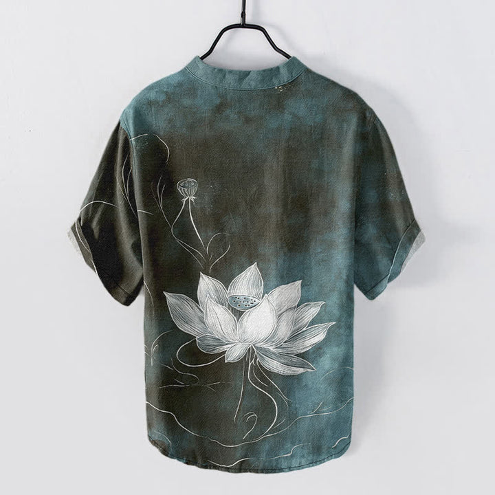 Buddha Stones Cotton Lotus Pattern Men's Short Sleeve Half Button Shirt - image 6