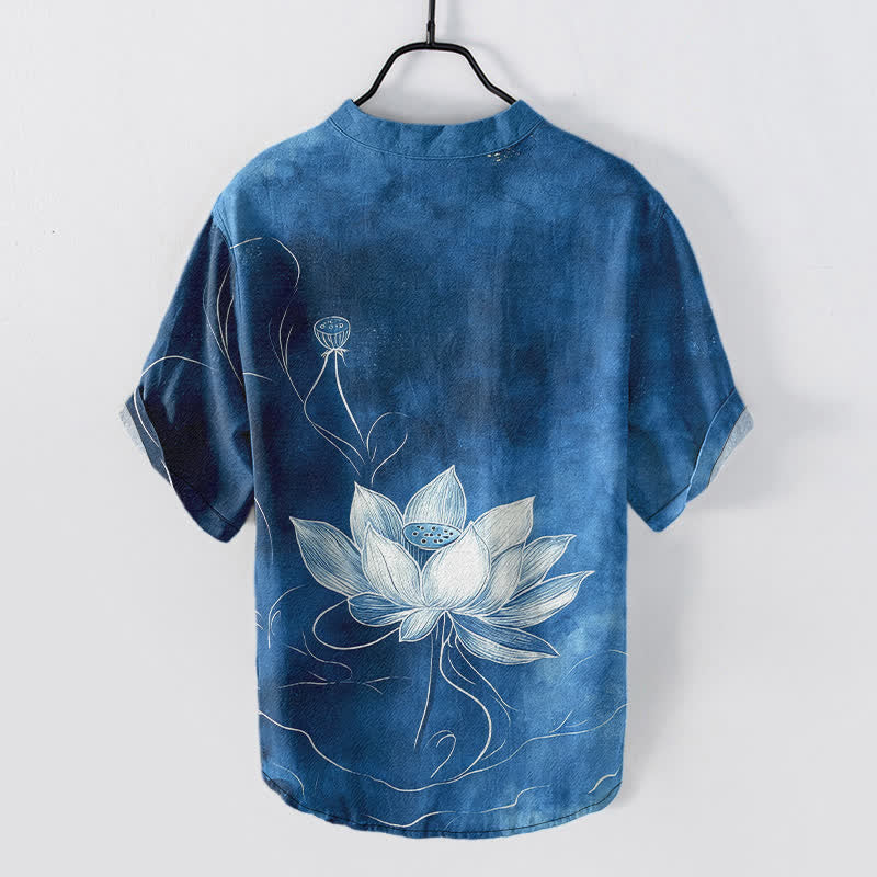 Buddha Stones Cotton Lotus Pattern Men's Short Sleeve Half Button Shirt - image 8