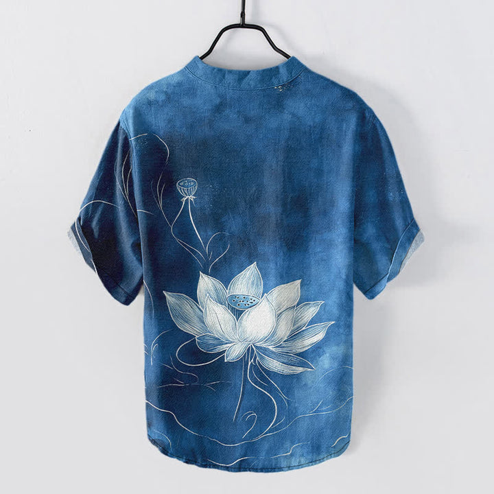 Buddha Stones Cotton Lotus Pattern Men's Short Sleeve Half Button Shirt - image 8