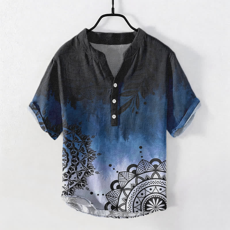 Buddha Stones Cotton Mandala Pattern Men's Short Sleeve Half Button Shirt - image 0