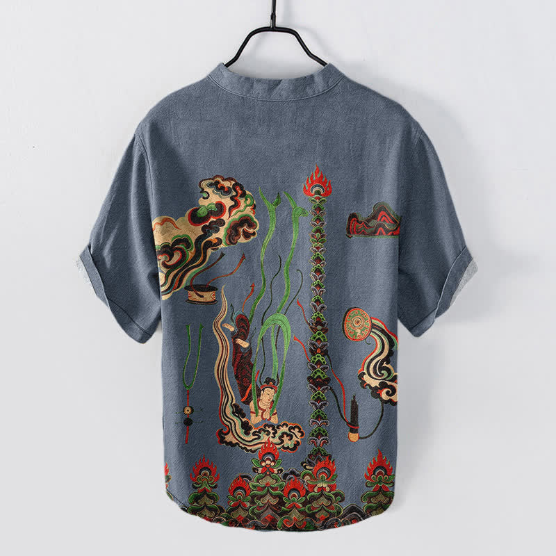 Buddha Stones Cotton Mural Cloud Pattern Men's Short Sleeve Half Button Shirt - image 6