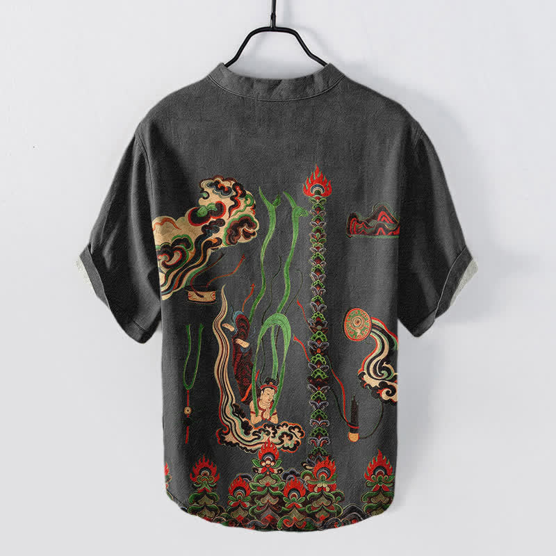 Buddha Stones Cotton Mural Cloud Pattern Men's Short Sleeve Half Button Shirt - image 8