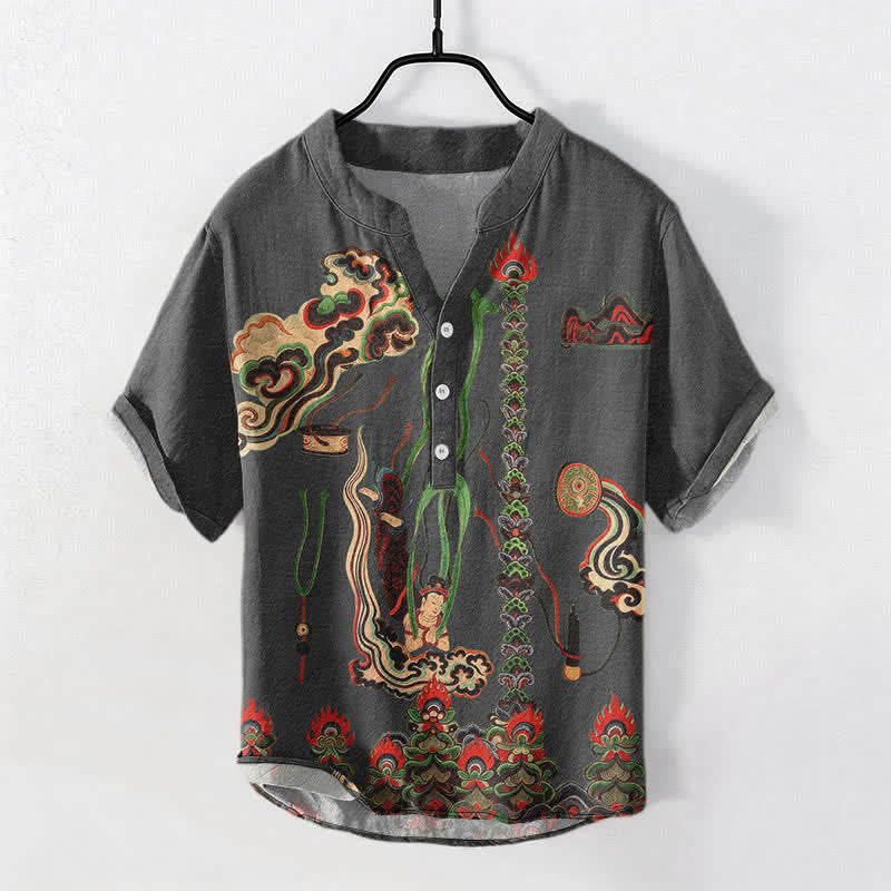 Buddha Stones Cotton Mural Cloud Pattern Men's Short Sleeve Half Button Shirt - image 7