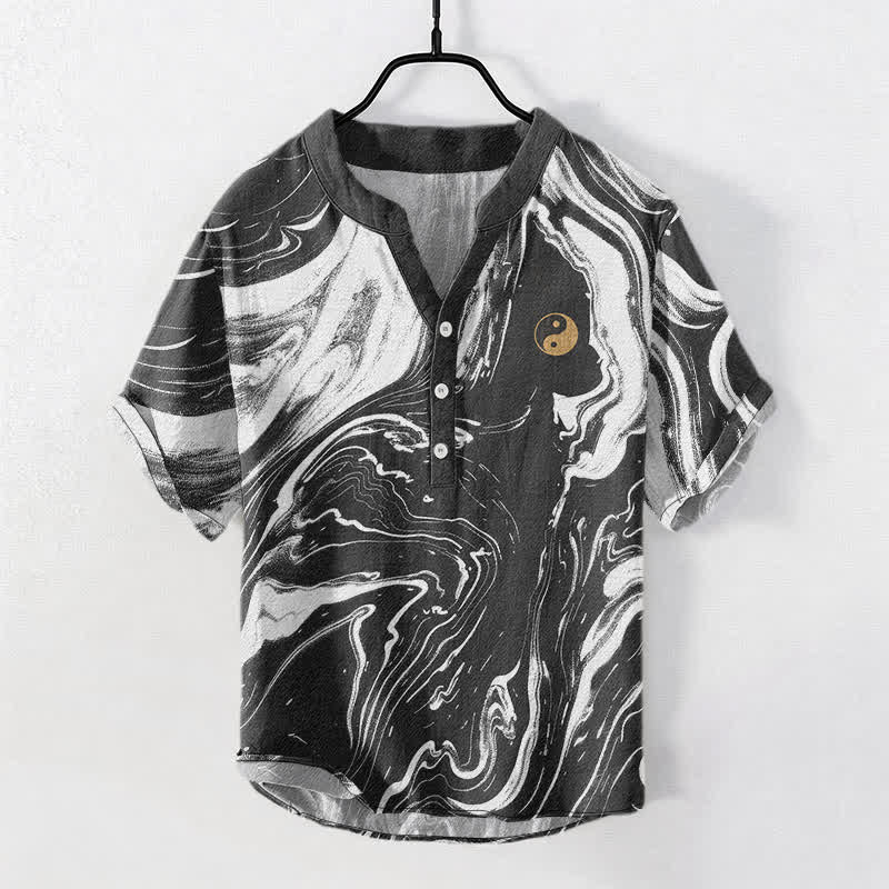 Buddha Stones Cotton Tai Chi Pattern Men's Short Sleeve Half Button Shirt - Black - US/UK/AU50，EU60 (5XL) - image 0