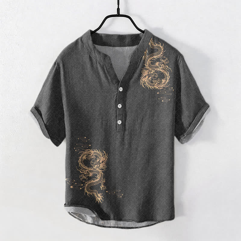 Buddha Stones Cotton Dragon Men's Short Sleeve Half Button Shirt - image 0