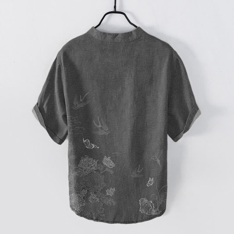 Buddha Stones Swallow Lotus Butterfly Men's Short Sleeve Shirt - image 1