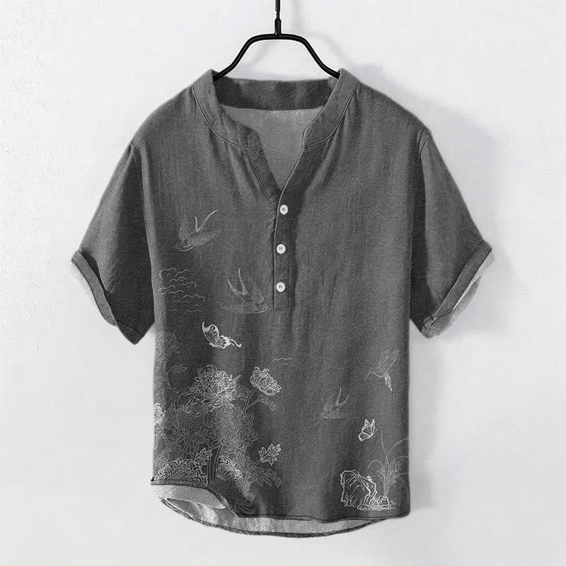 Buddha Stones Swallow Lotus Butterfly Men's Short Sleeve Shirt - image 0