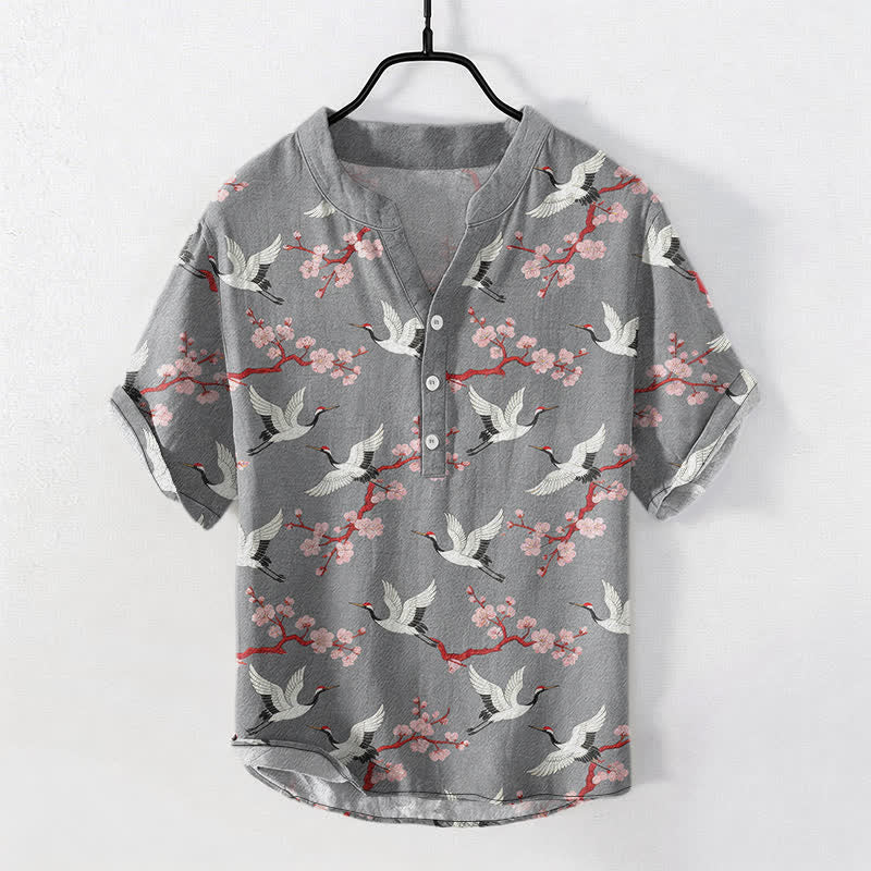 Buddha Stones Crane Plum Blossom Men's Henley Short Sleeve Shirt - image 0
