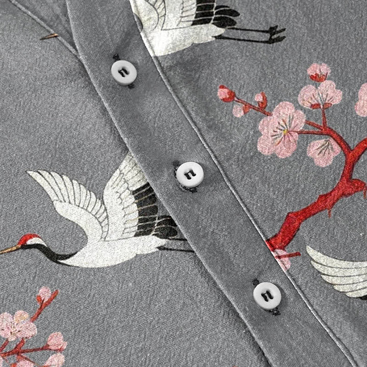 Buddha Stones Crane Plum Blossom Men's Henley Short Sleeve Shirt - image 3