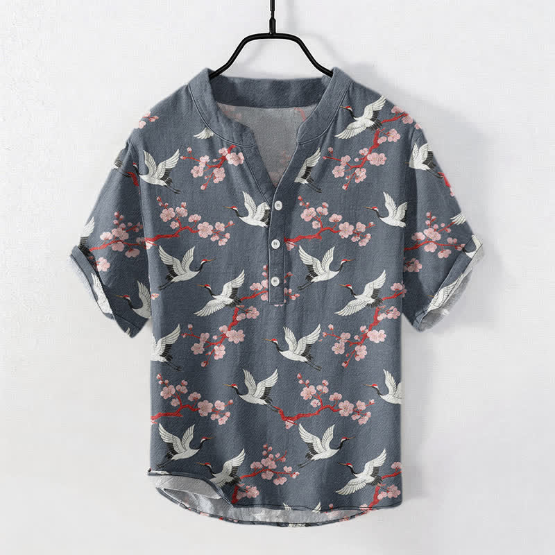 Buddha Stones Crane Plum Blossom Men's Henley Short Sleeve Shirt - SlateGray - US/UK/AU50，EU60 (5XL) - image 7