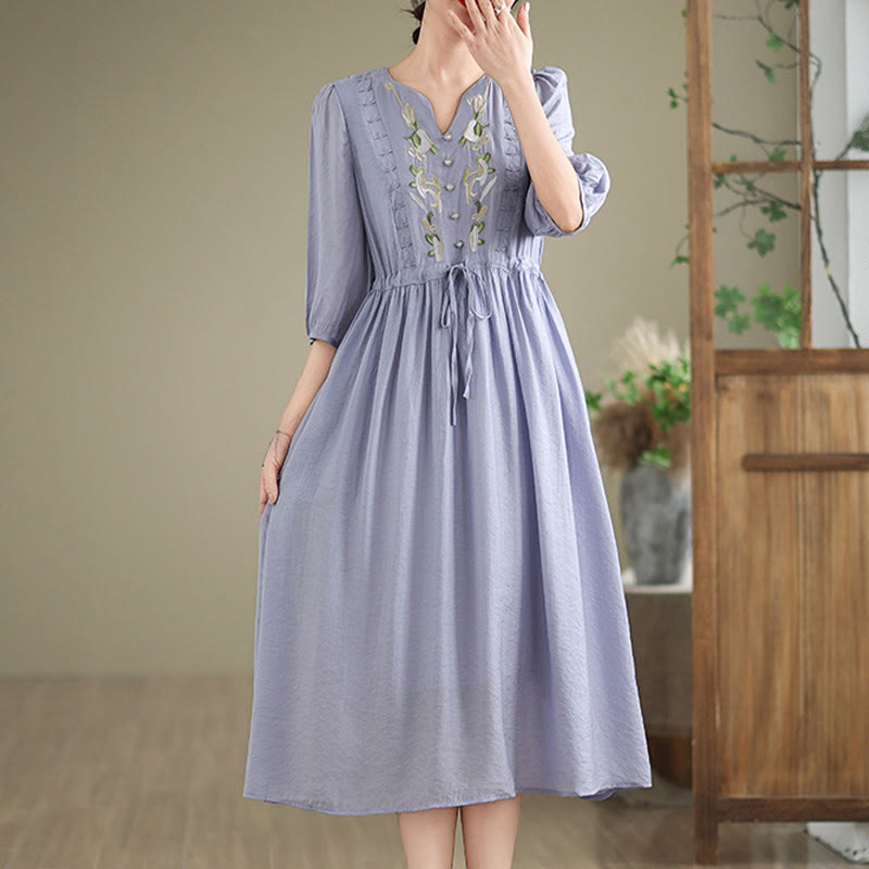 Buddha Stones Spring Floral Embroidery V Neck Tie Waist Elbow-Length Sleeve Women's Dress With Pockets - Lavender - US8-10，UK/AU12-14，EU40-42 (2XL) - image 0