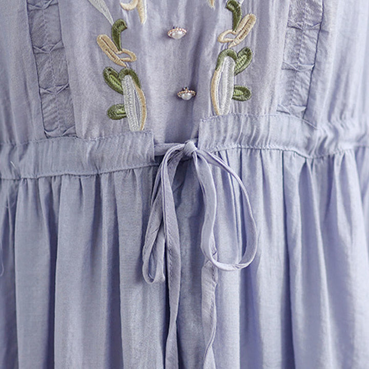 Buddha Stones Spring Floral Embroidery V Neck Tie Waist Elbow-Length Sleeve Women's Dress With Pockets - image 7