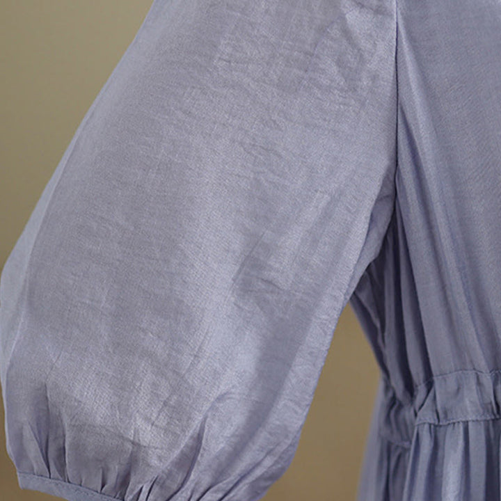 Buddha Stones Spring Floral Embroidery V Neck Tie Waist Elbow-Length Sleeve Women's Dress With Pockets - image 8