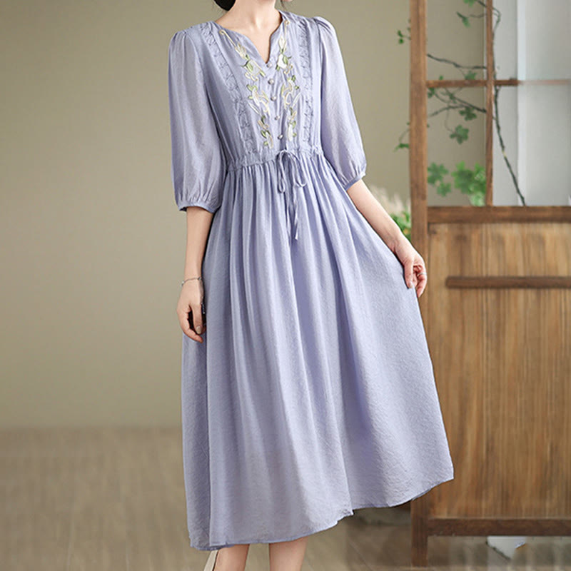 Buddha Stones Spring Floral Embroidery V Neck Tie Waist Elbow-Length Sleeve Women's Dress With Pockets - image 1