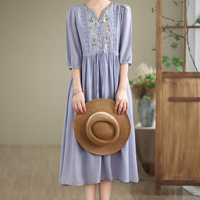 Buddha Stones Spring Floral Embroidery V Neck Tie Waist Elbow-Length Sleeve Women's Dress With Pockets - image 3