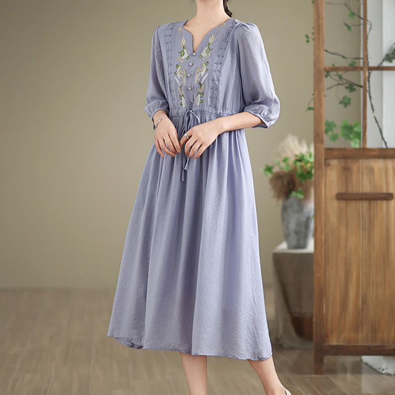 Buddha Stones Spring Floral Embroidery V Neck Tie Waist Elbow-Length Sleeve Women's Dress With Pockets - image 5