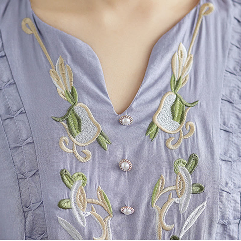 Buddha Stones Spring Floral Embroidery V Neck Tie Waist Elbow-Length Sleeve Women's Dress With Pockets - image 6