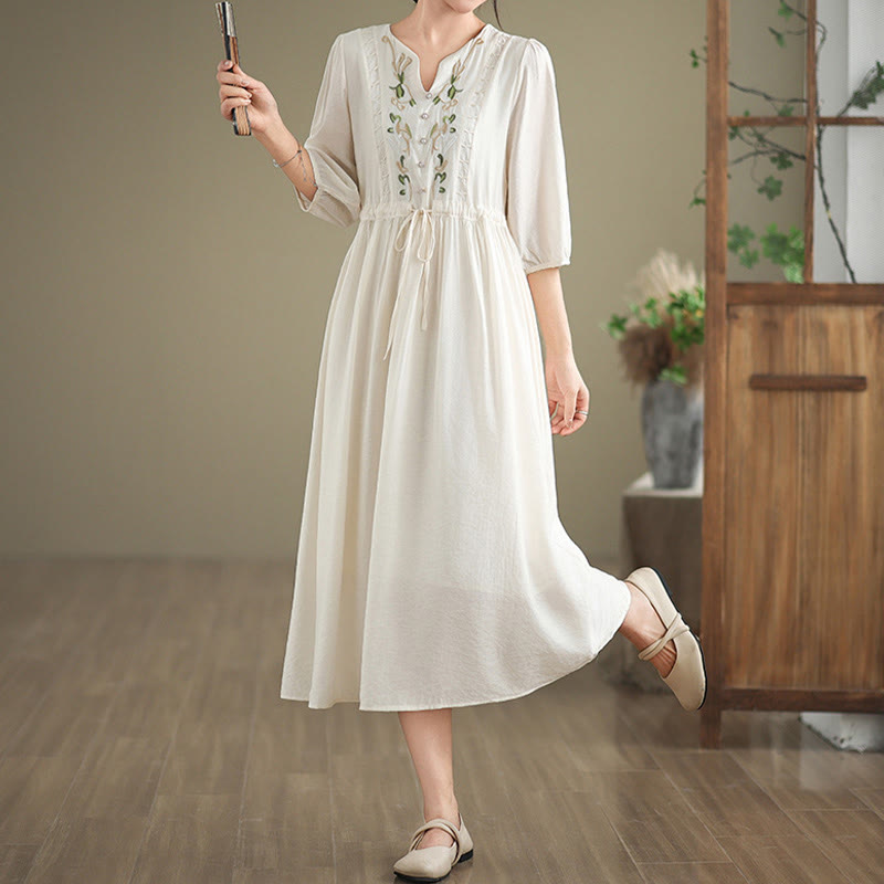 Buddha Stones Spring Floral Embroidery V Neck Tie Waist Elbow-Length Sleeve Women's Dress With Pockets - image 15