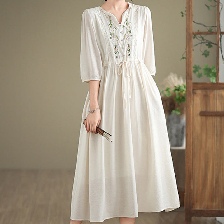 Buddha Stones Spring Floral Embroidery V Neck Tie Waist Elbow-Length Sleeve Women's Dress With Pockets - AntiqueWhite - US8-10，UK/AU12-14，EU40-42 (2XL) - image 11