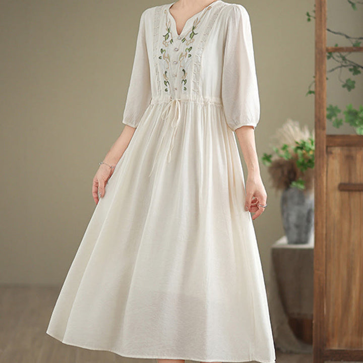 Buddha Stones Spring Floral Embroidery V Neck Tie Waist Elbow-Length Sleeve Women's Dress With Pockets - image 13