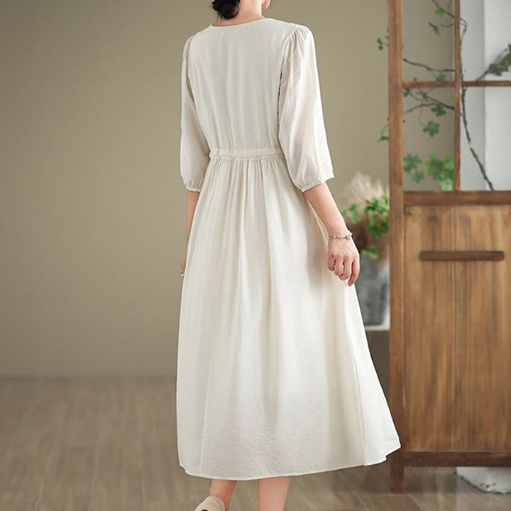 Buddha Stones Spring Floral Embroidery V Neck Tie Waist Elbow-Length Sleeve Women's Dress With Pockets - image 14