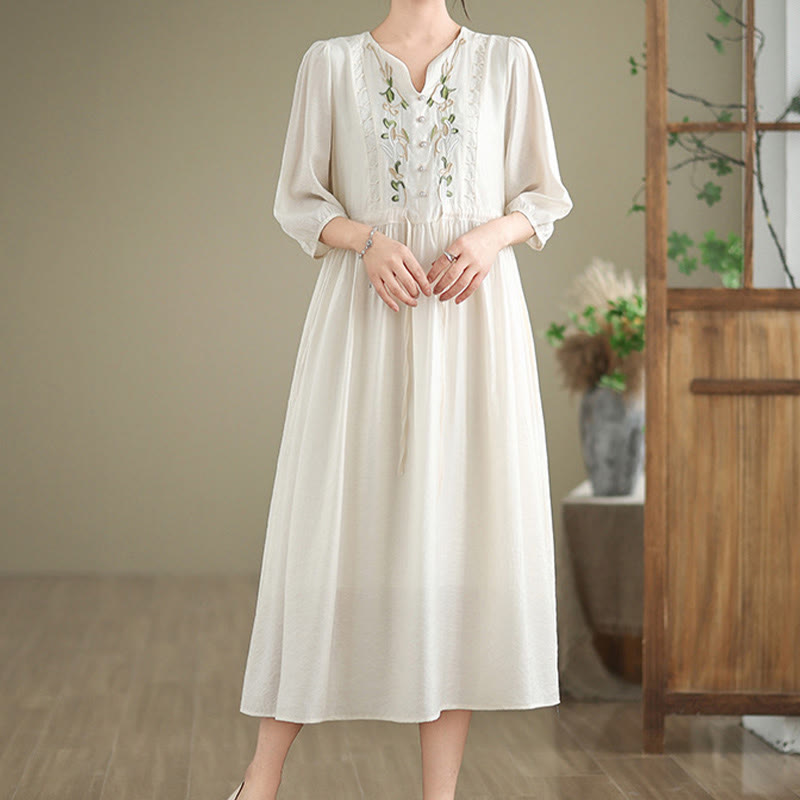Buddha Stones Spring Floral Embroidery V Neck Tie Waist Elbow-Length Sleeve Women's Dress With Pockets - image 12