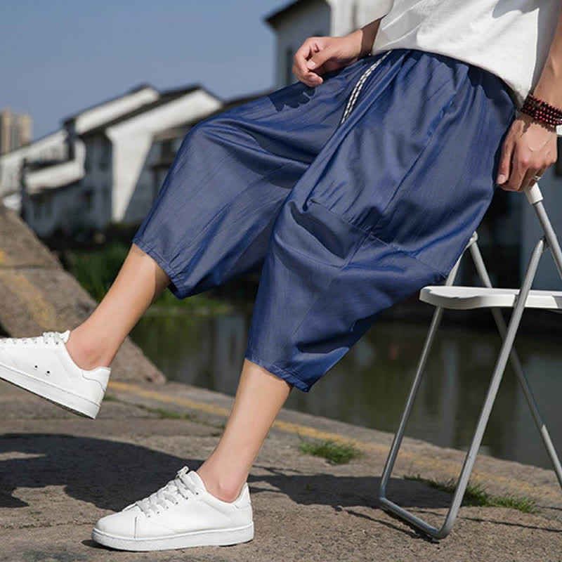 Buddha Stones Summer Elastic Waist Drawstring Solid Color Half Men's Tapered Pants With Pockets  - image 9