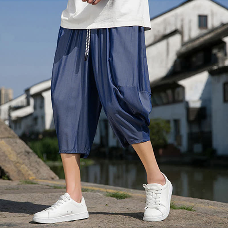 Buddha Stones Summer Elastic Waist Drawstring Solid Color Half Men's Tapered Pants With Pockets  - image 4