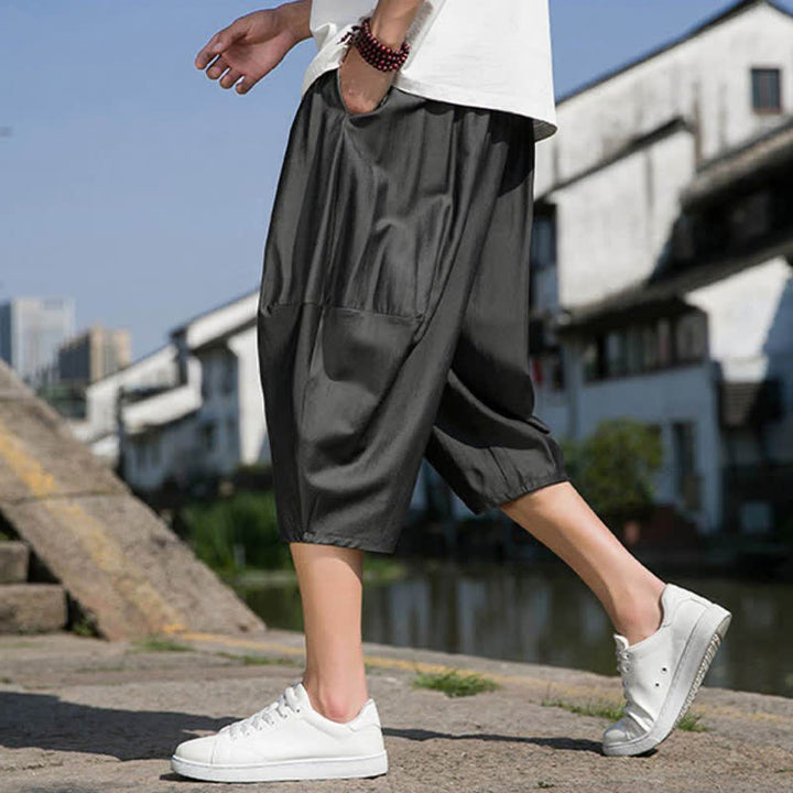 Buddha Stones Summer Elastic Waist Drawstring Solid Color Half Men's Tapered Pants With Pockets  - image 13