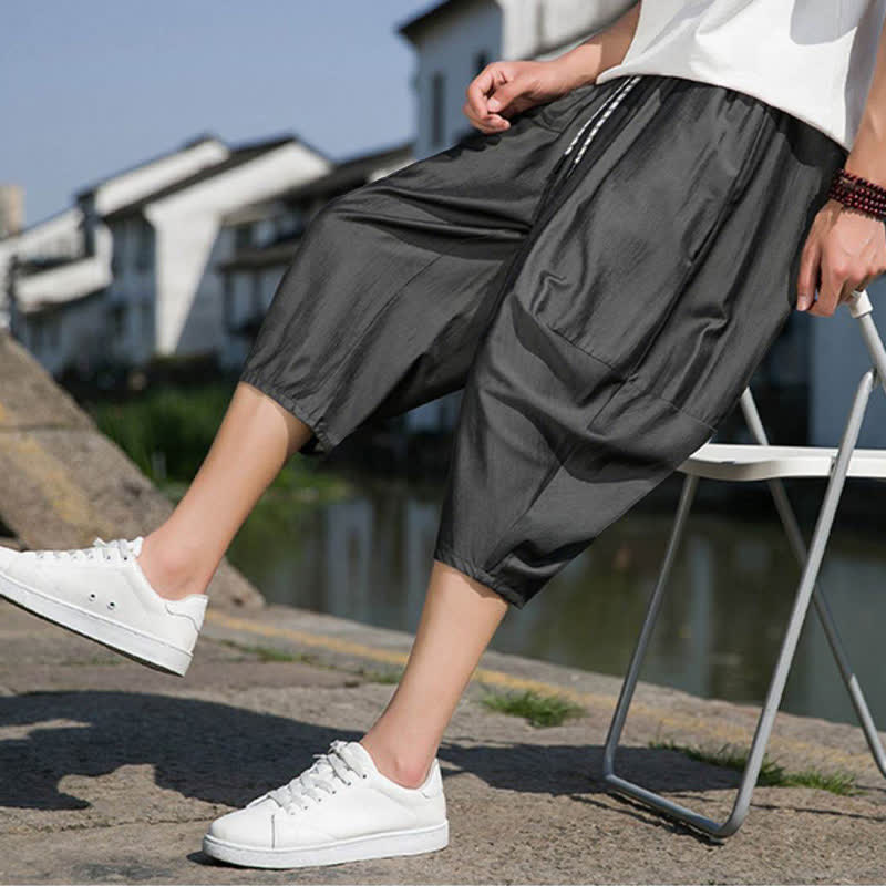 Buddha Stones Summer Elastic Waist Drawstring Solid Color Half Men's Tapered Pants With Pockets  - image 16