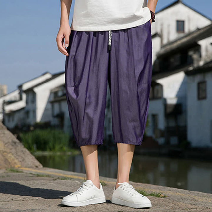 Buddha Stones Summer Elastic Waist Drawstring Solid Color Half Men's Tapered Pants With Pockets  - image 29