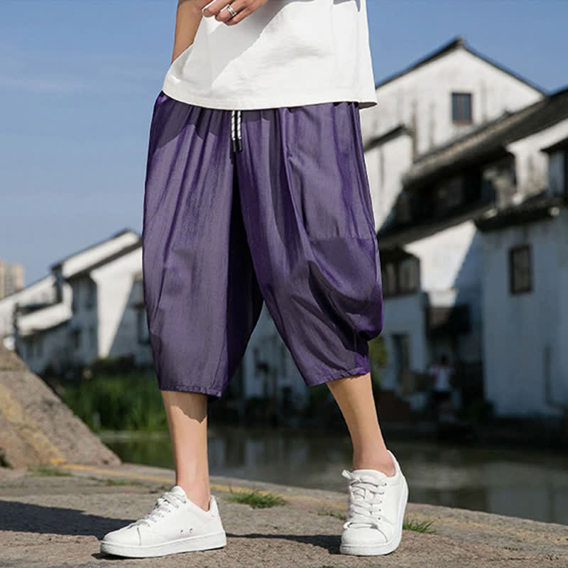 Buddha Stones Summer Elastic Waist Drawstring Solid Color Half Men's Tapered Pants With Pockets  - BlueViolet - US/UK/AU46，EU56 (5XL) - image 28