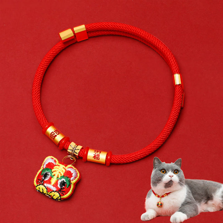 Buddha Stones Red String Plaited Embroidery Tiger Fu Character Protection Adjustable Cats Dogs Pet Collar - Lucky Fortune Tiger - 26-44cm - image 1