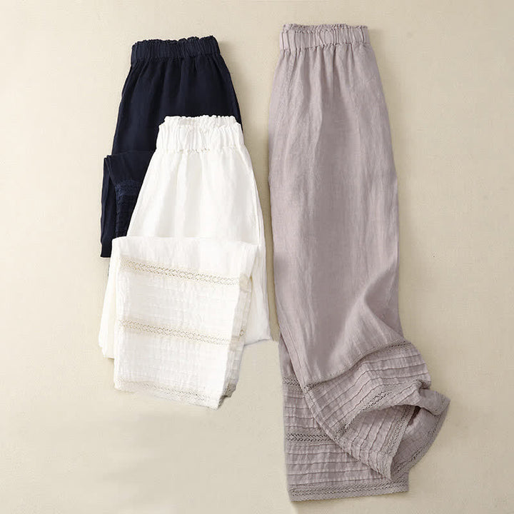 Buddha Stones Spring Elastic Waist Lace Pleated Hem Cotton Women's Pants With Pockets - image 13