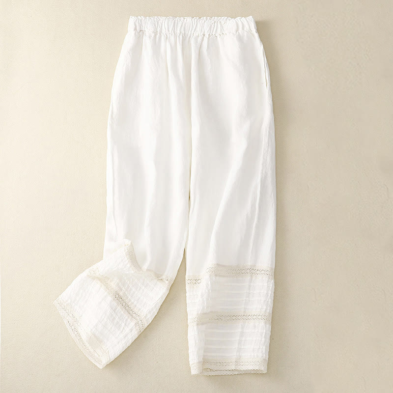 Buddha Stones Spring Elastic Waist Lace Pleated Hem Cotton Women's Pants With Pockets - image 7