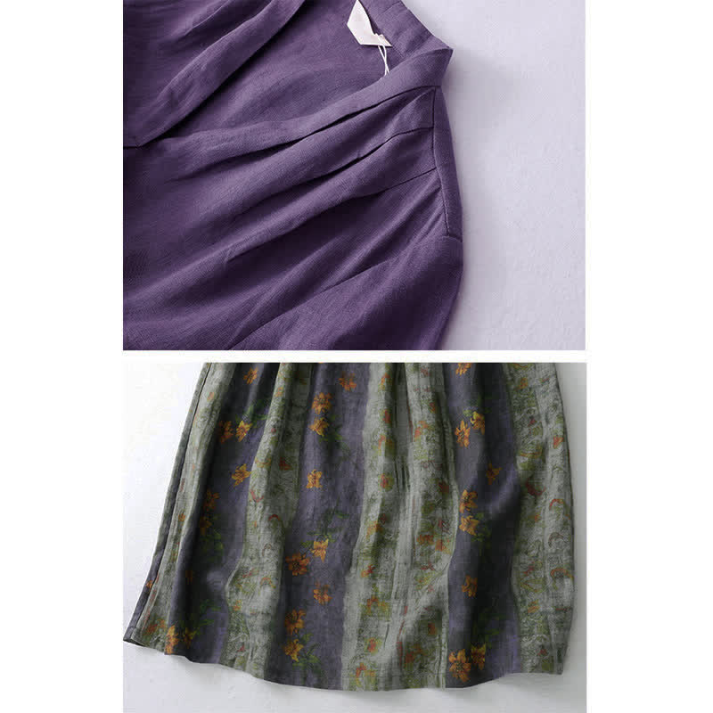 Buddha Stones Summer V Neck Drawstring Waist Floral Short Sleeve Below Knee Dress With Pockets - image 7