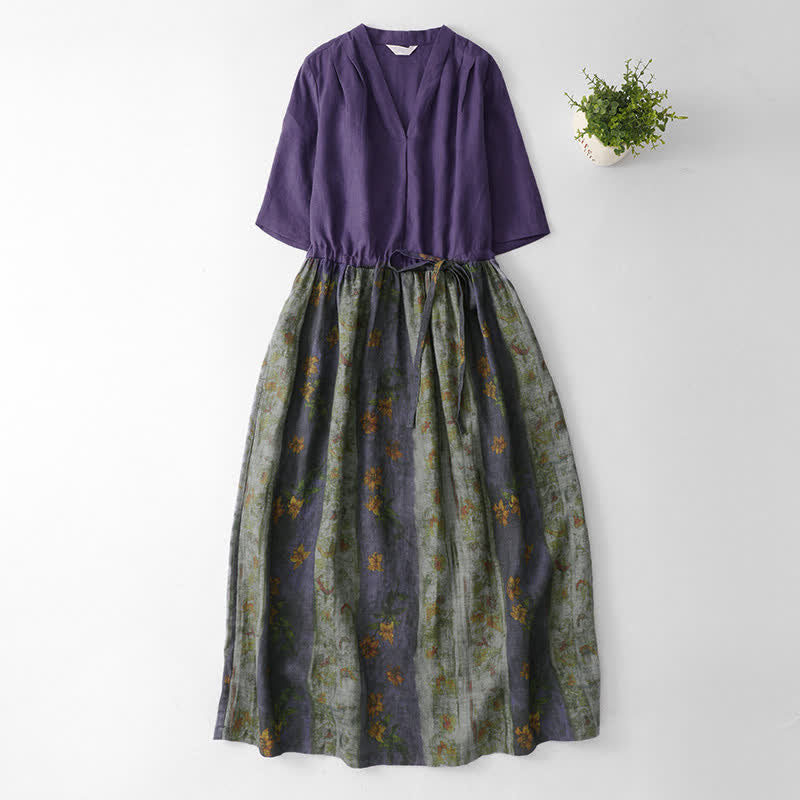 Buddha Stones Summer V Neck Drawstring Waist Floral Short Sleeve Below Knee Dress With Pockets - RebeccaPurple - US12，UK/AU16，EU44 (2XL) - image 0