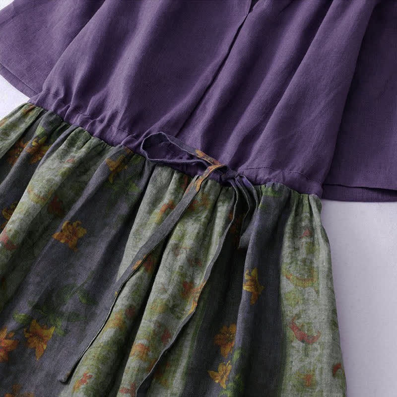 Buddha Stones Summer V Neck Drawstring Waist Floral Short Sleeve Below Knee Dress With Pockets - image 5